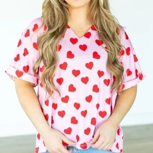 Red Heart Print Women's Short Sleeve Top